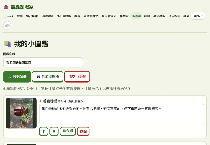 我的小圖鑑：每種昆蟲旁邊有寫觀察筆記的欄位